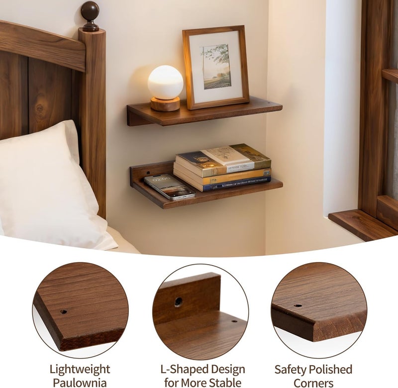 carpentray Wooden Floating Shelves for Bedroom Set of 2 Small Walnut Color Wall Mounted Nightstands Wooden Hanging Shelf for Bathroom Kitchen Plant Storage and Decor - Image 3
