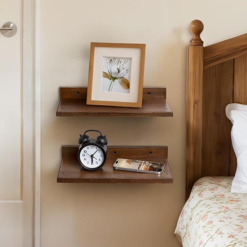 carpentray Wooden Floating Shelves for Bedroom Set of 2 Small Walnut Color Wall Mounted Nightstands Wooden Hanging Shelf for Bathroom Kitchen Plant Storage and Decor - Image 1