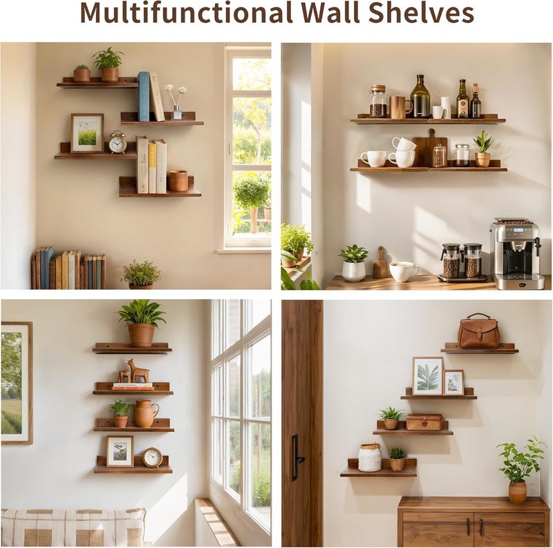 carpentray Wooden Floating Shelves for Bedroom Set of 2 Small Walnut Color Wall Mounted Nightstands Wooden Hanging Shelf for Bathroom Kitchen Plant Storage and Decor - Image 5