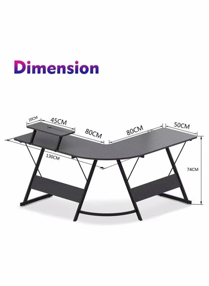 Apexll - L Shaped Home Office Desk, Carbon Fiber, Gaming Computer Corner Desk with Large Monitor Riser Stand for Home Office, Gaming Desk with Shelf - Image 1