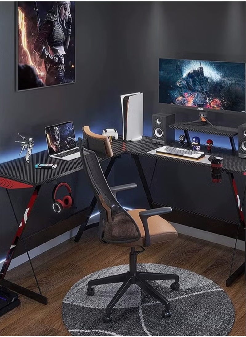 Apexll - L Shaped Home Office Desk, Carbon Fiber, Gaming Computer Corner Desk with Large Monitor Riser Stand for Home Office, Gaming Desk with Shelf - Image 1