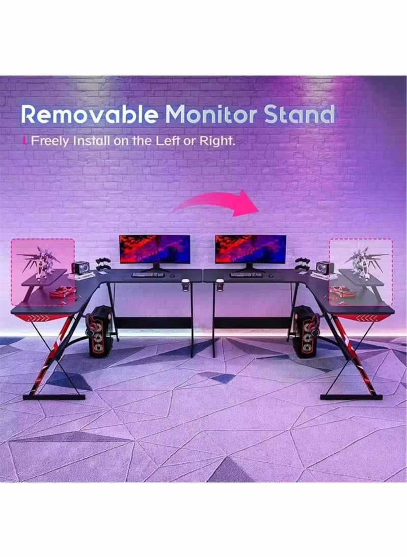 Apexll - L Shaped Home Office Desk, Carbon Fiber, Gaming Computer Corner Desk with Large Monitor Riser Stand for Home Office, Gaming Desk with Shelf - Image 1