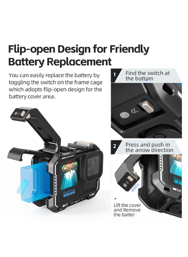 aMagisn Upgraded Metal Cage for GoPro Hero 13/12/11/10/9 – Quick Switch Vertical/Horizontal Shooting, Flip Battery Cover, Cold Shoe Mount, Anti-Slip Foam, Multifunctional Action Camera Frame - Image 5