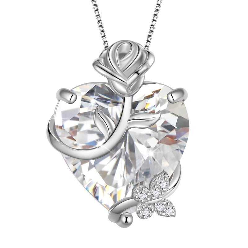 Juwaliy 15MM Women Rose Heart Necklace April Birthstone 925 Sterling Silver Flower Butterfly Pendant Diamond CZ Bridal Jewelry Mother Valentine's Day Gift - Image 1