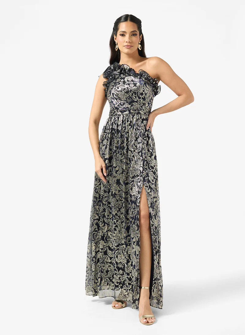 One Shoulder Sequin Side Slit Dress