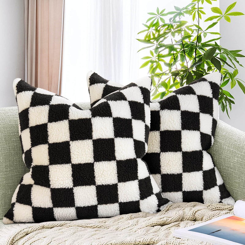 AmHoo Pack of 2 Decorative Throw Pillow Covers Checkerboard Luxury Super Soft Faux Fur Wool Set Case Cushion for Couch Sofa Bedroom 18 x 18Inch Black