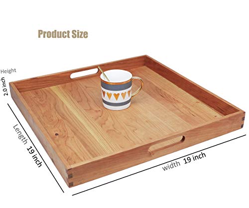 MAGIGO 19 x 19 Inches Large Square Cherry Wood Ottoman Tray with Handles, Serve Tea, Coffee Classic Wooden Decorative Serving Tray - Image 2