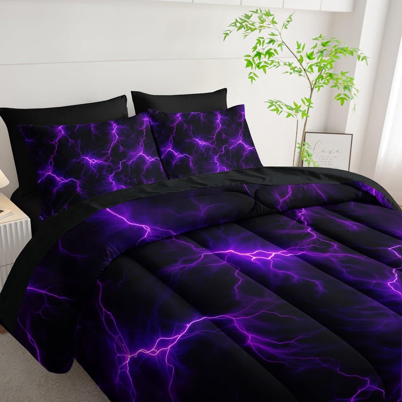 Nttopship Violet Lightning Comforter Set Queen Thunder Bedding Sets 7PCS,Purple LightLight 7 Piece in A BagLight Violet Lightning Bedding Set 7 Piece in A Bag,Bed Sheet Set Abstract Decor All Seasons - Image 3