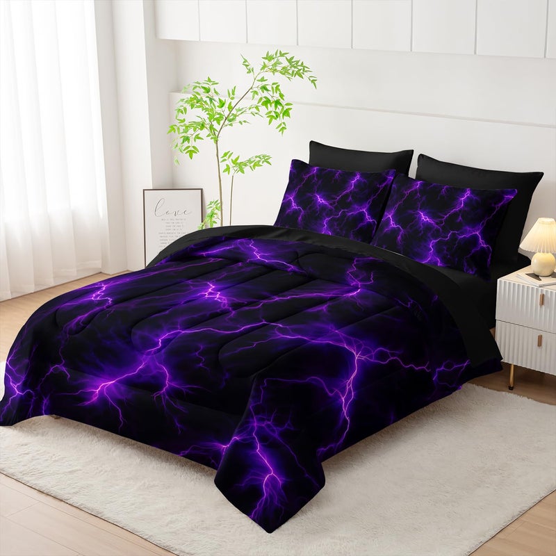 Nttopship Violet Lightning Comforter Set Queen Thunder Bedding Sets 7PCS,Purple LightLight 7 Piece in A BagLight Violet Lightning Bedding Set 7 Piece in A Bag,Bed Sheet Set Abstract Decor All Seasons - Image 2