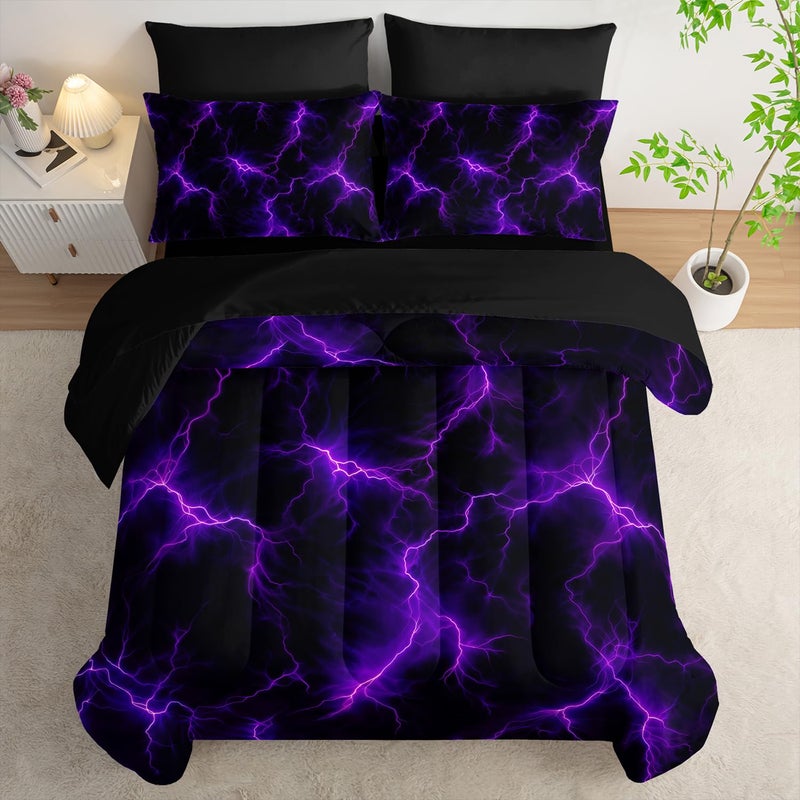 Nttopship Violet Lightning Comforter Set Queen Thunder Bedding Sets 7PCS,Purple LightLight 7 Piece in A BagLight Violet Lightning Bedding Set 7 Piece in A Bag,Bed Sheet Set Abstract Decor All Seasons - Image 4
