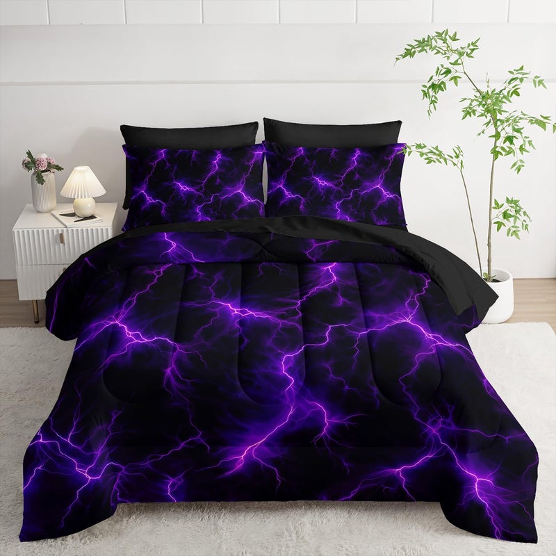 Nttopship Violet Lightning Comforter Set Queen Thunder Bedding Sets 7PCS,Purple LightLight 7 Piece in A BagLight Violet Lightning Bedding Set 7 Piece in A Bag,Bed Sheet Set Abstract Decor All Seasons - Image 1