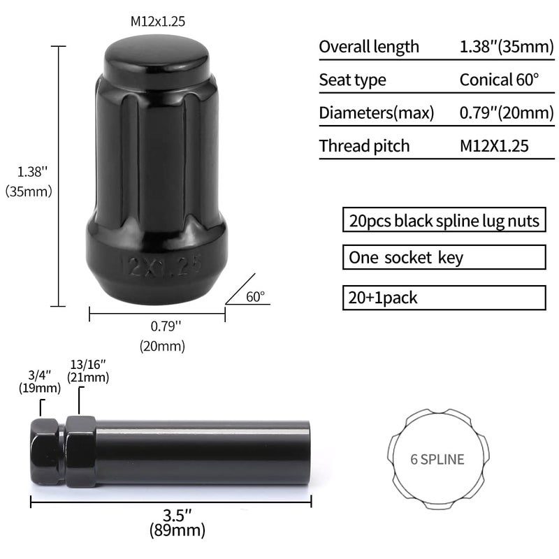 ChnewAuto M12x1.25 Black 6 Spline Lug Nuts - Anti-Theft, 1.38" Long, Set of 20 - Acorn Aftermarket Wheel Lug Nuts - Image 5