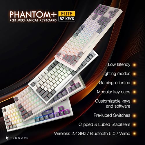 TECWARE Phantom+ Elite 87 Key RGB Mechanical Gaming Keyboard, LED Backlit, Universal Hot-Swap, Wired and Wireless, 3 Mode Connectivity, Thocky Sounding, White Elite Wraith Orange - Image 2