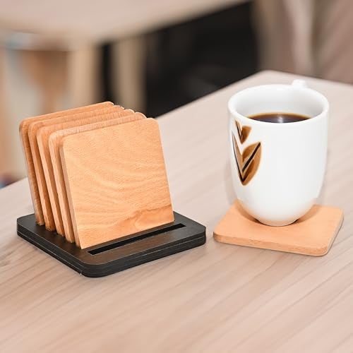 AARGKRAFT Handmade Wooden Drink Coasters with Stand | Solid Wood Tabletop Coasters for Tea Cups Coffee Mugs Beer Cans Bar Tumblers and Water Glasses, Set of 6 (Natural) - Image 4
