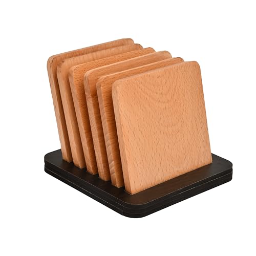 AARGKRAFT Handmade Wooden Drink Coasters with Stand | Solid Wood Tabletop Coasters for Tea Cups Coffee Mugs Beer Cans Bar Tumblers and Water Glasses, Set of 6 (Natural) - Image 1