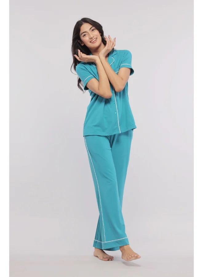 NeceSera Teal Half Sleeve With Button Down White Piping Tee