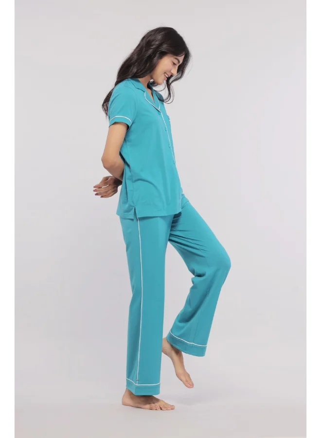NeceSera Teal Half Sleeve With Button Down White Piping Tee
