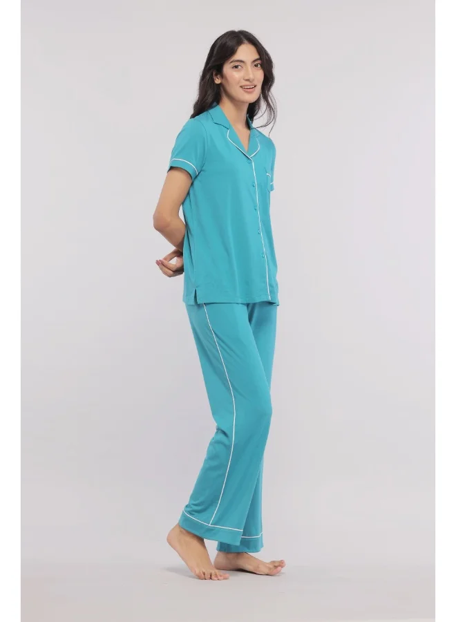 نسيسيرا Teal Half Sleeve With Button Down White Piping Tee