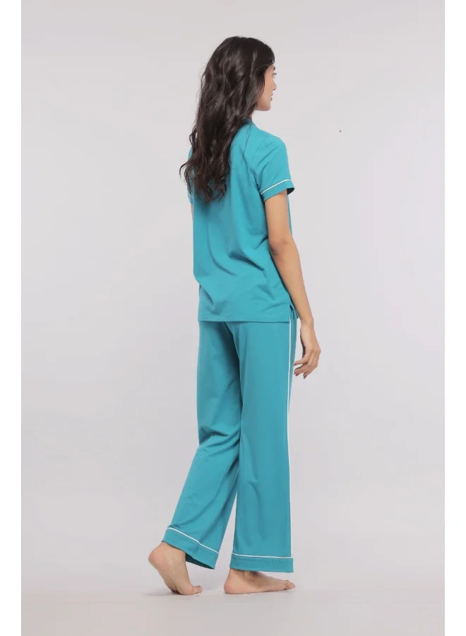نسيسيرا Teal Half Sleeve With Button Down White Piping Tee