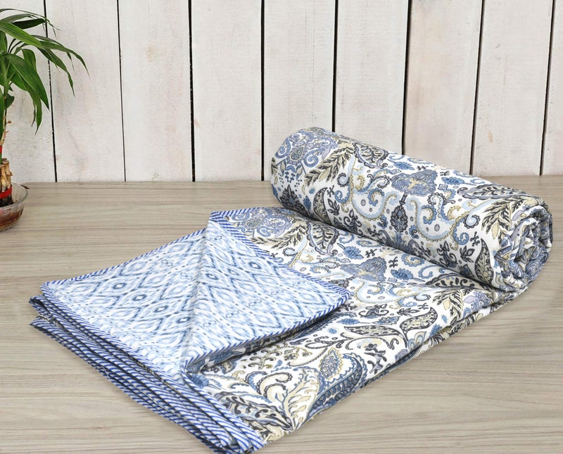 Tzafrir Dohar Double Bed, Cotton Soft Lightweight Bed Blanket, AC Dohar, Comforter All Seasons 84 x 96 inch- (Sky Blue Mahndi, Pack of 1) - Image 1