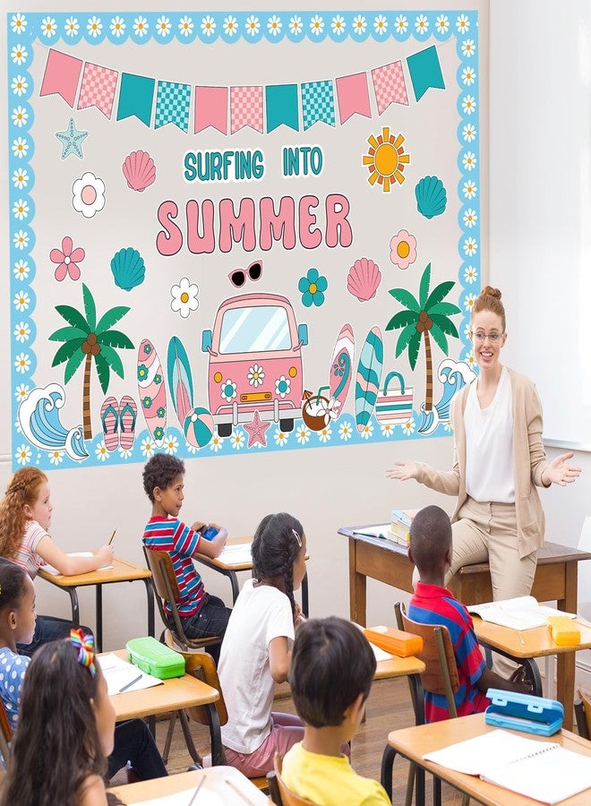 Epakh Summer Beach Bulletin Board Set Groovy Beach Paper Cutouts Surfing Into Summer Classroom Decorations with Daisy Borders for Door Wall School Retro Pool Party Supplies - Image 4