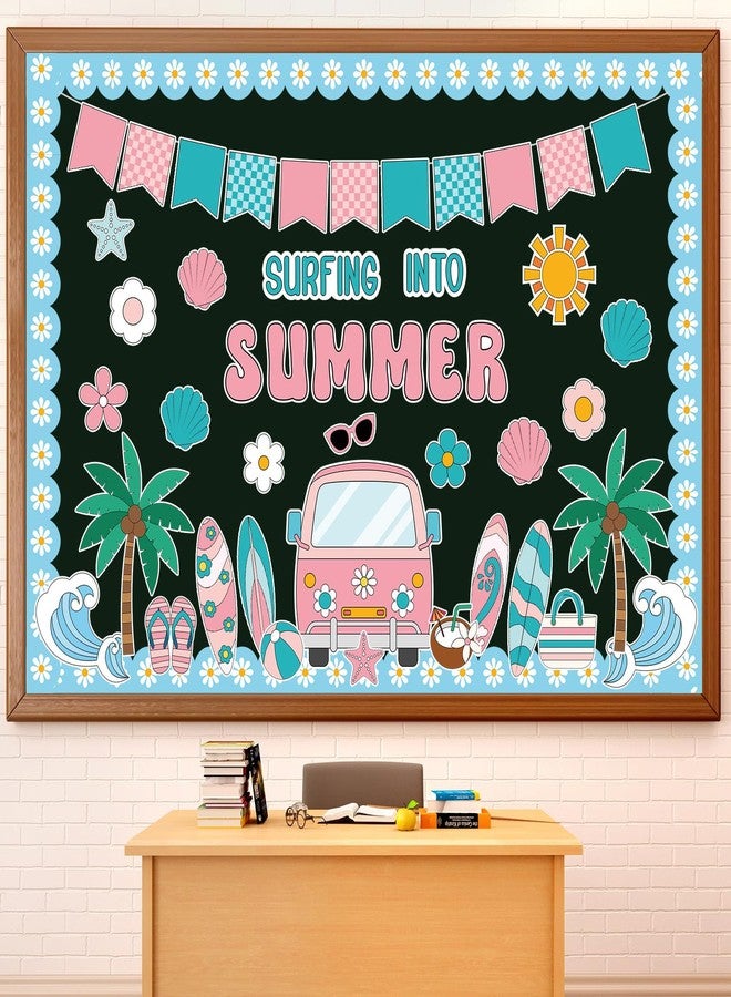 Epakh Summer Beach Bulletin Board Set Groovy Beach Paper Cutouts Surfing Into Summer Classroom Decorations with Daisy Borders for Door Wall School Retro Pool Party Supplies - Image 1