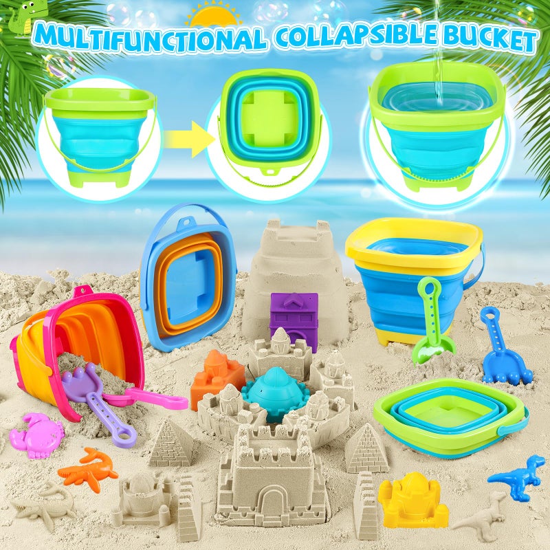 FHOZGECY Beach Toys, Sand Toys for Kids Boys and Girls with 4 Beach Construction Vehicles, 4 Collapsible Bucket, Sand Castle Building Kit, Sand Molds, Mesh Bag, Outdoor Toys for Kids Ages 4-8 - Image 3