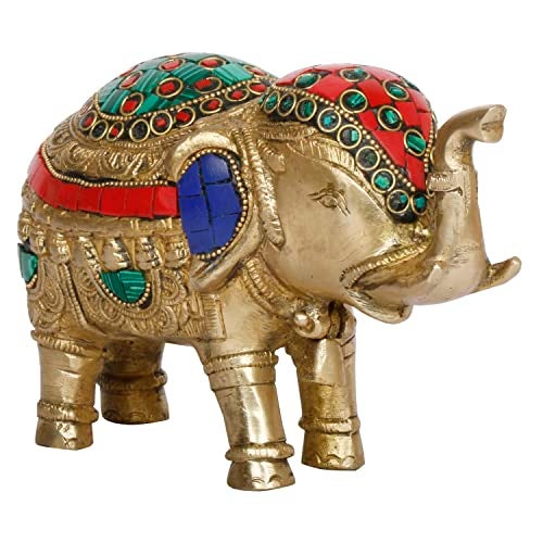 ARTVARKO Elephant Brass with Inlay Work Upraised Trunk Fengsui Vaastu Maharaja Hathi for Good Luck Success Prosperity Home Décor Marriage House Warming Gift 7 Inch. - Image 2