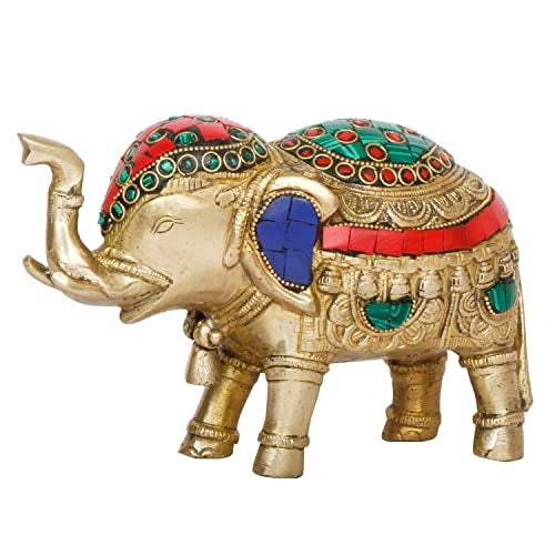 ARTVARKO Elephant Brass with Inlay Work Upraised Trunk Fengsui Vaastu Maharaja Hathi for Good Luck Success Prosperity Home Décor Marriage House Warming Gift 7 Inch. - Image 3