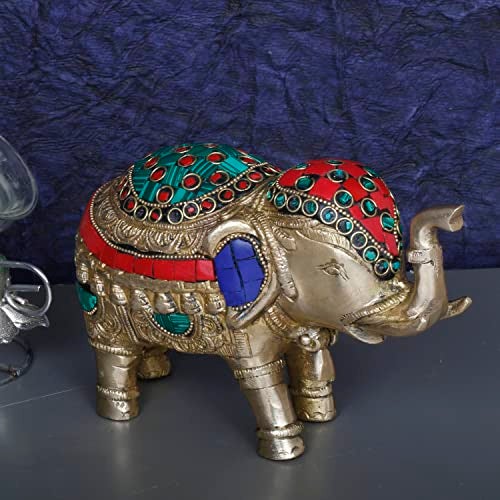 ARTVARKO Elephant Brass with Inlay Work Upraised Trunk Fengsui Vaastu Maharaja Hathi for Good Luck Success Prosperity Home Décor Marriage House Warming Gift 7 Inch. - Image 1