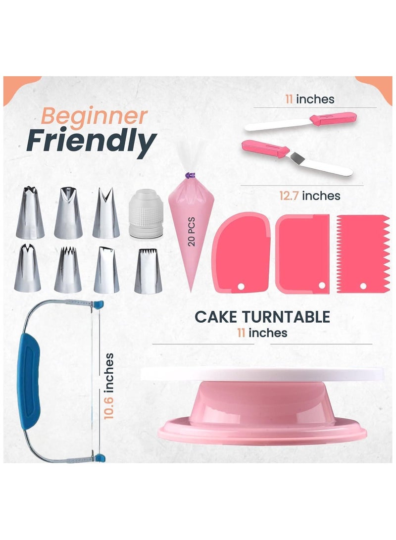 35PCs Cake Turntable and Leveler-Rotating Cake Stand with Non Slip pad-7 Icing Tips and 20 Bags- Straight & Offset Spatula-3 Sc Set -Baking Tools（Pink&Rose Red）  - Image 2