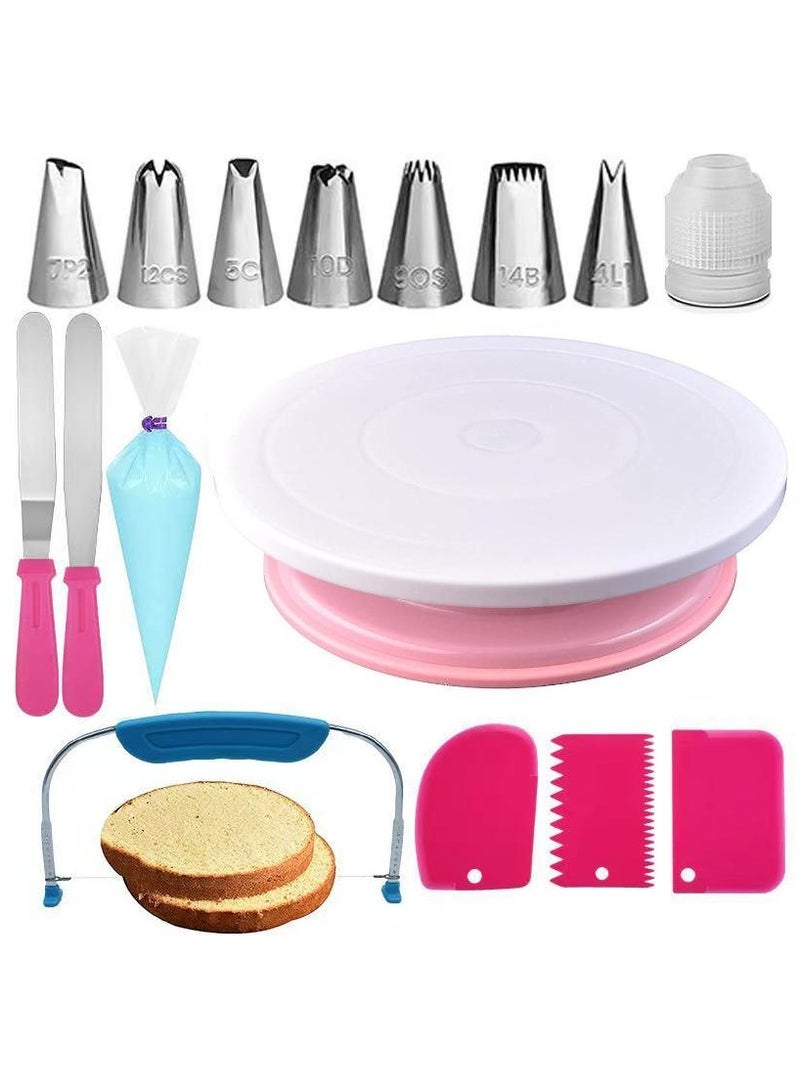 35PCs Cake Turntable and Leveler-Rotating Cake Stand with Non Slip pad-7 Icing Tips and 20 Bags- Straight & Offset Spatula-3 Sc Set -Baking Tools（Pink&Rose Red）  - Image 1