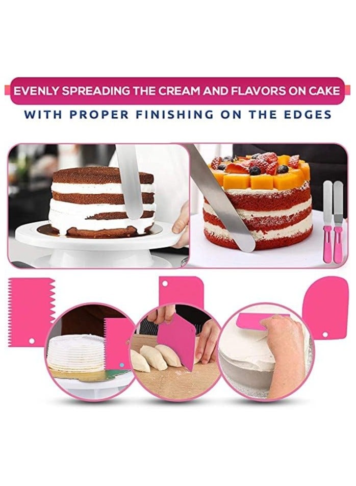 35PCs Cake Turntable and Leveler-Rotating Cake Stand with Non Slip pad-7 Icing Tips and 20 Bags- Straight & Offset Spatula-3 Sc Set -Baking Tools（Pink&Rose Red）  - Image 5
