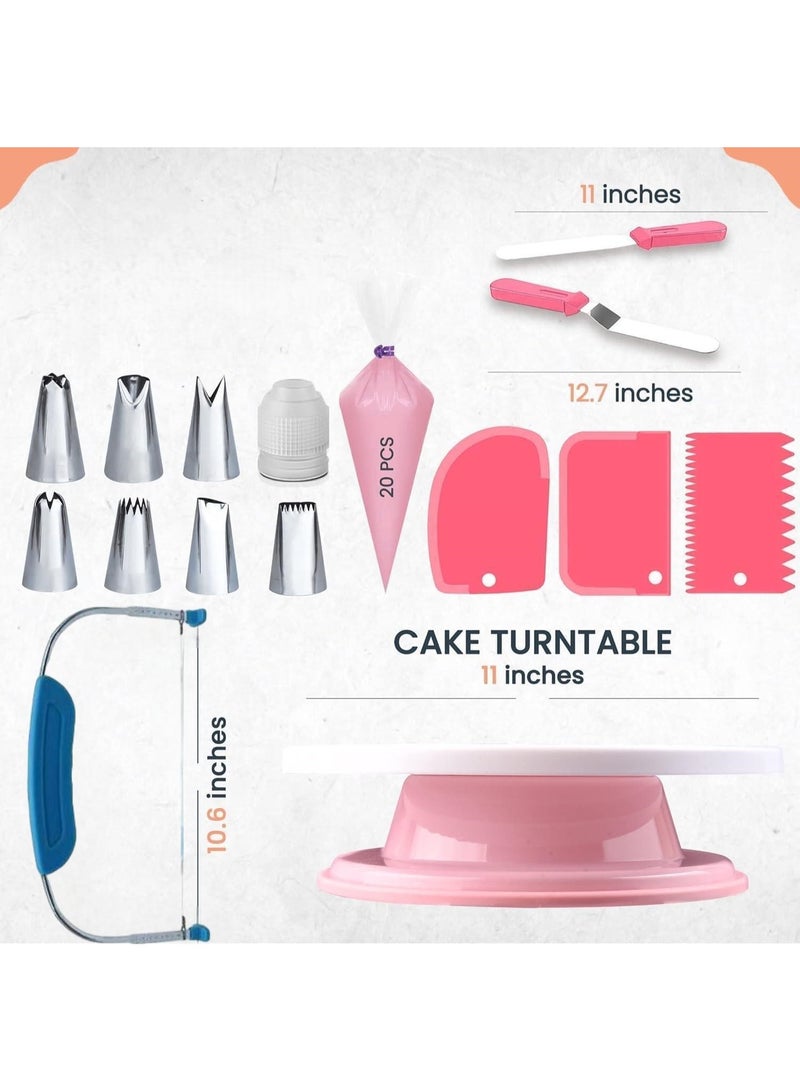 35PCs Cake Turntable and Leveler-Rotating Cake Stand with Non Slip pad-7 Icing Tips and 20 Bags- Straight & Offset Spatula-3 Sc Set -Baking Tools（Pink&Rose Red） - Image 2
