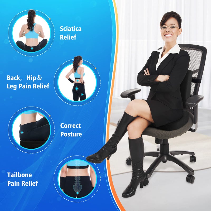 CushZone Seat Cushion, Lumbar Support Pillow with Adjustable Strap-Chair Cushions for Sciatica Pain Relief-with Washable Cover Memory Foam for Car, Travel and Wheelchair-Black - Image 2