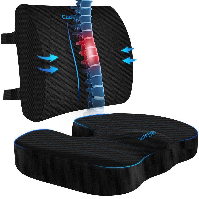 CushZone Seat Cushion, Lumbar Support Pillow with Adjustable Strap-Chair Cushions for Sciatica Pain Relief-with Washable Cover Memory Foam for Car, Travel and Wheelchair-Black - Image 1