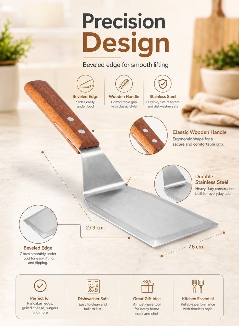 Leoxol Stainless Steel Spatula Small | Heavy Duty Flat Turner With Wooden Handle | Pancake Flipper For Fish Eggs Burgers Omelet And Cooking - Image 2