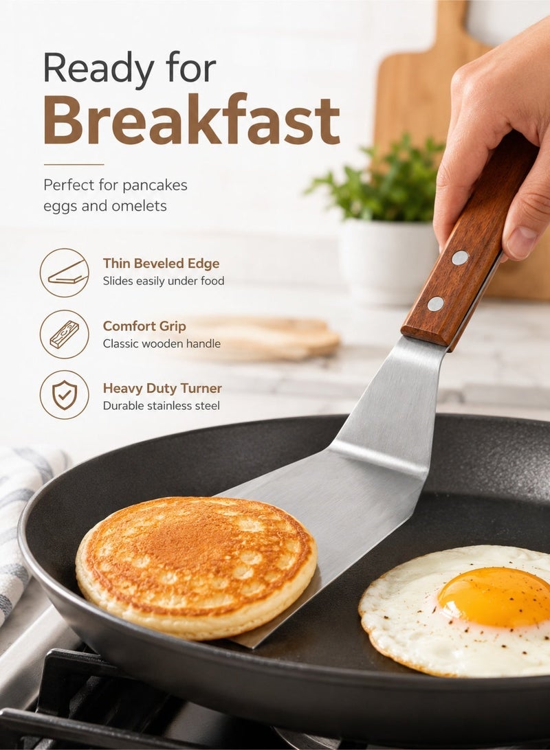 Leoxol Stainless Steel Spatula Small | Heavy Duty Flat Turner With Wooden Handle | Pancake Flipper For Fish Eggs Burgers Omelet And Cooking - Image 4