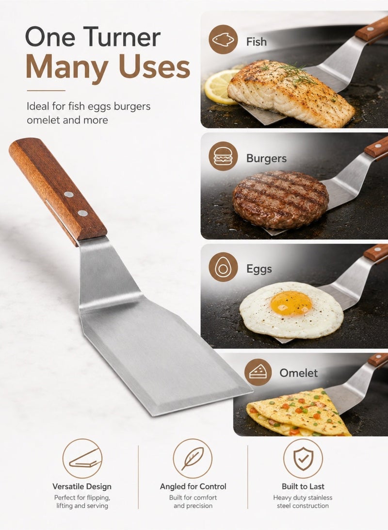 Leoxol Stainless Steel Spatula Small | Heavy Duty Flat Turner With Wooden Handle | Pancake Flipper For Fish Eggs Burgers Omelet And Cooking - Image 5