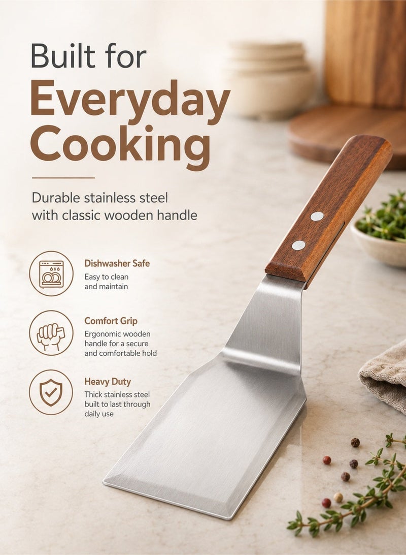 Leoxol Stainless Steel Spatula Small | Heavy Duty Flat Turner With Wooden Handle | Pancake Flipper For Fish Eggs Burgers Omelet And Cooking - Image 3