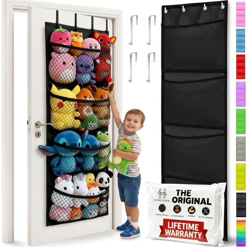 Honeyera The Original Stuffed Animal Storage (Patented) - Over Door Organizer for Stuffies, Toy Plush/Hammock Baby Hanging Storage Net Big Girls Toddler Large Bag Animals (Black) - Image 1