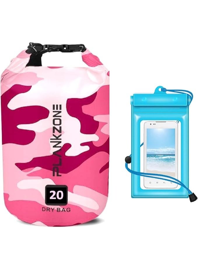 Plankzone Waterproof Dry Bag Roll Top Compression Sack, 20L, Pink, Lightweight, Foldable, with Floating Waterproof Phone Pouch, for Kayaking, Beach, Rafting, Boating, Hiking, Camping, Fishing