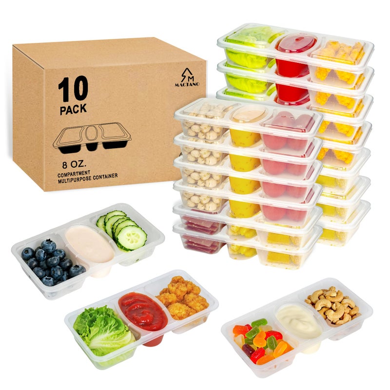 MACTANO 8 OZ Reusable Snack Containers with Lids, New 3 Compartment Condiment Snack Pack Containers 10 Sets - Image 1