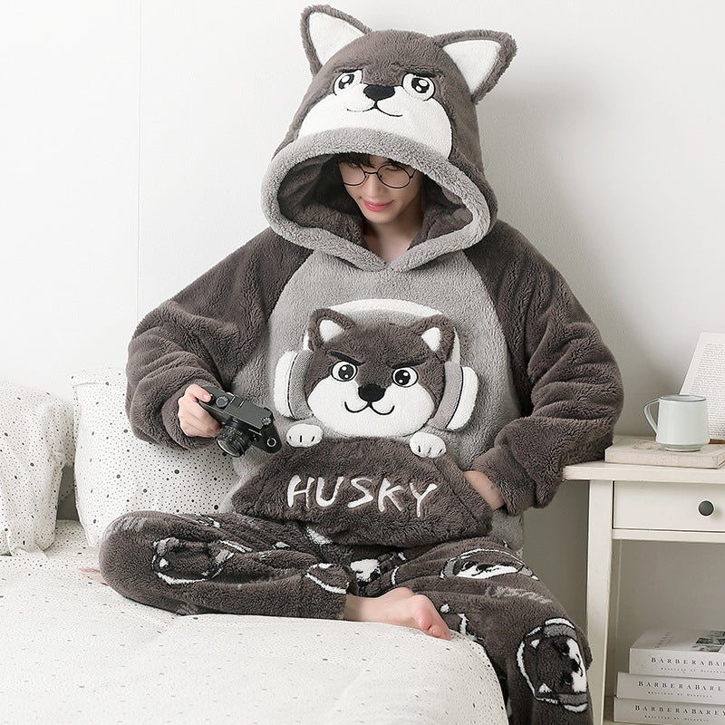 Winter Coral Fleece Pajamas Men'S Fleece-Lined Thickened Warm Cartoon Hooded Flannel Teenager Home Clothes Suit - Image 1