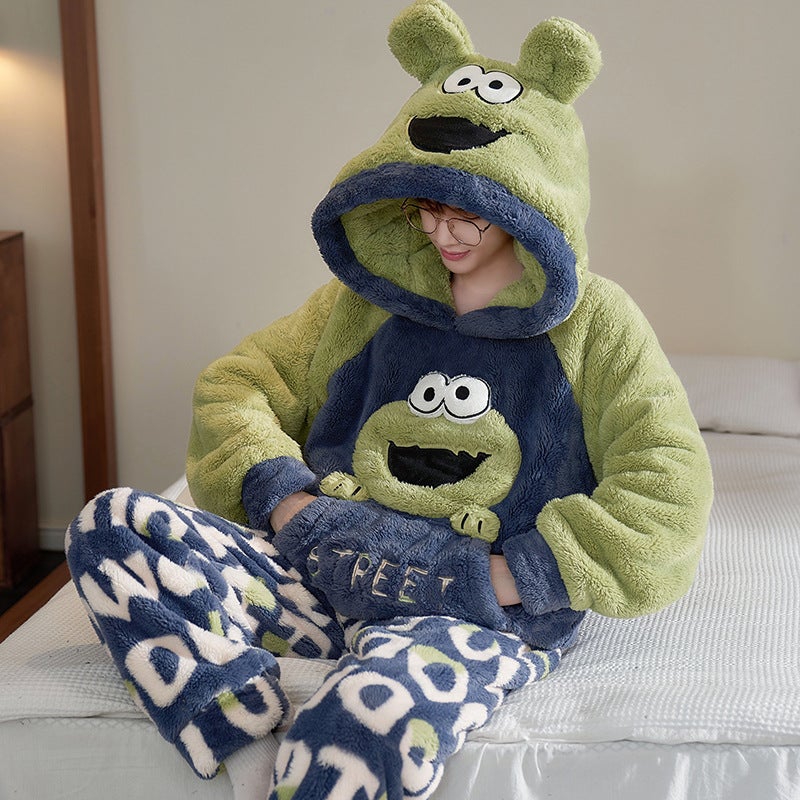 Winter Coral Fleece Pajamas Men'S Fleece-Lined Thickened Warm Cartoon Hooded Flannel Teenager Home Clothes Suit - Image 5