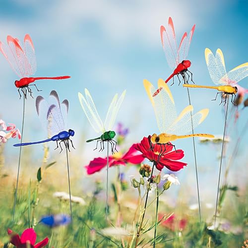Warmshine 24 Pieces 3D Dragonfly Garden Decor Dragon Fly Garden Stakes Dragonflies Garden Ornaments Patio Decoration Dragonfly Stakes with Sticks, 4 Colors - Image 3