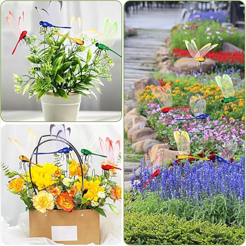 Warmshine 24 Pieces 3D Dragonfly Garden Decor Dragon Fly Garden Stakes Dragonflies Garden Ornaments Patio Decoration Dragonfly Stakes with Sticks, 4 Colors - Image 4