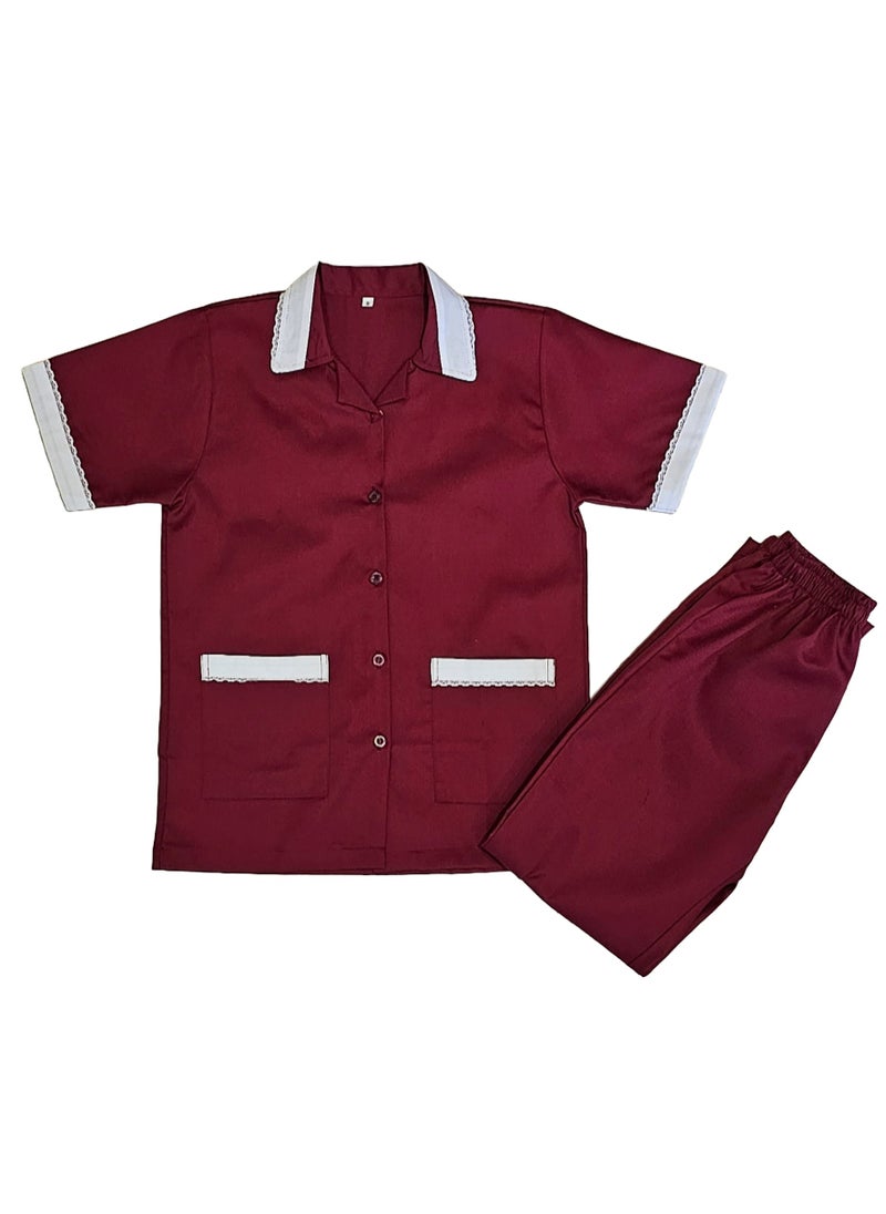 Rannah's Closet Maid Uniform with Buttons Top and Pants Maroon Domestic Helper Uniform 