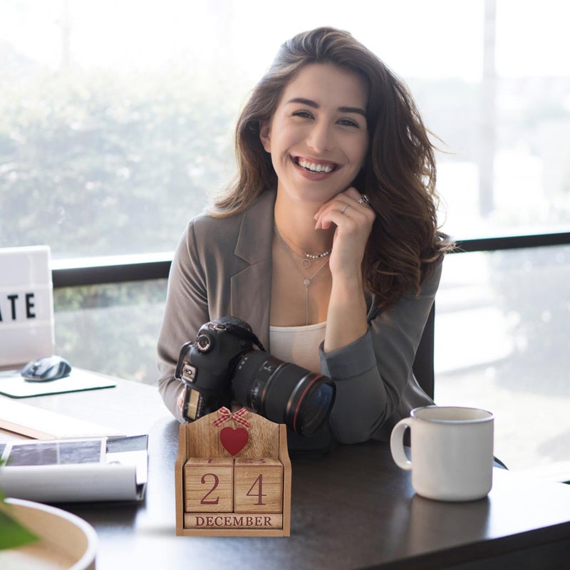 Vintage Red Wooden Perpetual Desk Calendar Blocks Home Office Desktop Date Display - Image 5