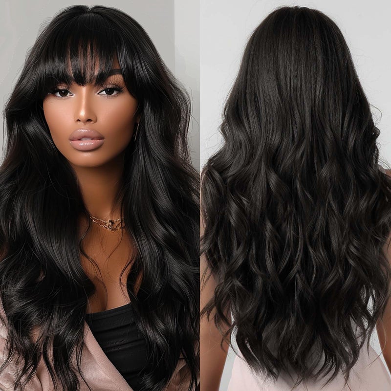 Allbell Long Black Wigs for Women Curly Synthetic Wig with Bangs Body Wave Natural Looking Heat Resistant Fiber Fake Hair for Daily Use